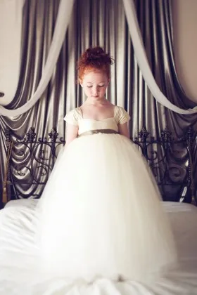Ivory jersey and tulle empire waist full length ball gown flower girl dress
