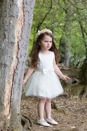 White satin and tulle short toddler flower girl dress for wedding