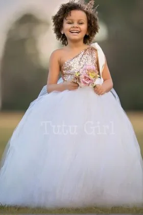 Rose gold sequin one shoulder white tulle flower girl dress