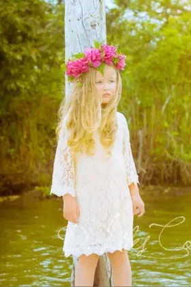 White lace short tutu flower girl dress with 34 sleeve