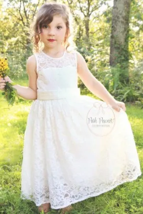 White lace sleeveless long flower girl dress