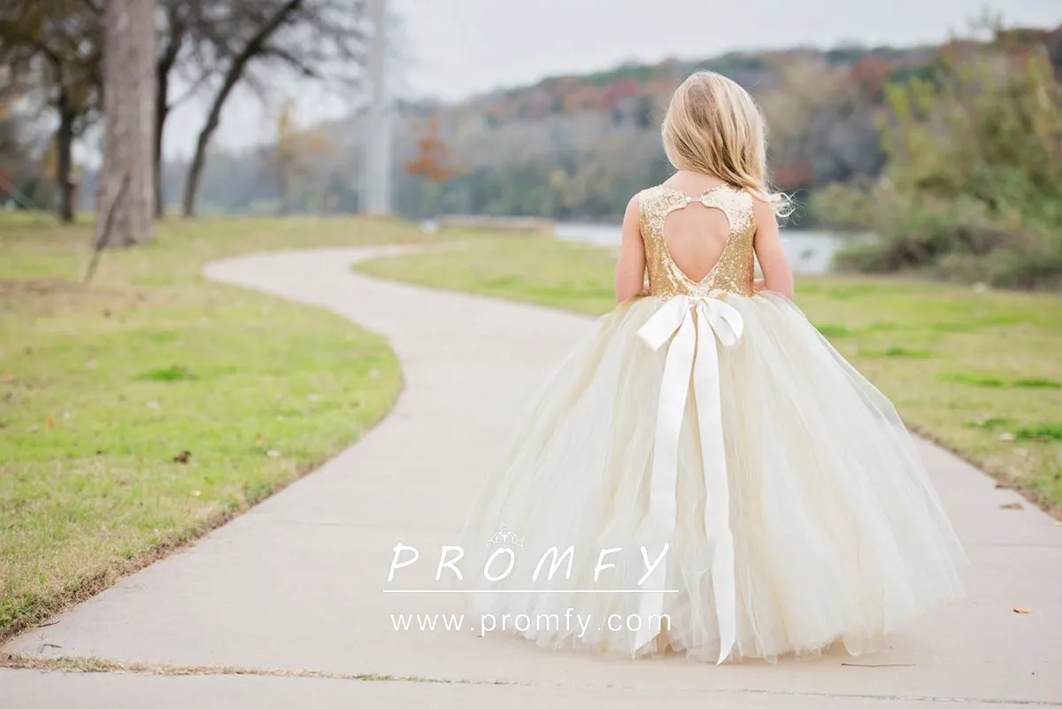 heart back sequin and tulle flower girl gown
