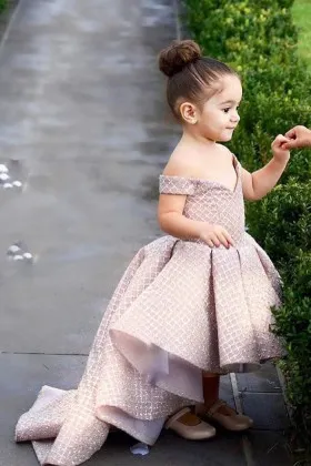 Glitter hotfix pearl pink off the shoulder high low flower girl dress