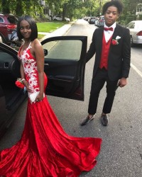 appliqued red velvet prom dress 2019