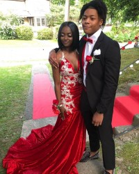white lace appliqued red velvet prom dress 2019