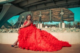 ruffled red long train prom dress