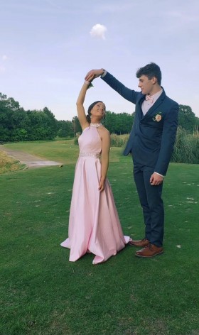 baby pink satin prom dress