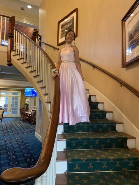 beaded baby pink satin prom dress