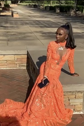 Unique Orange Sequin Mermaid Long Train Prom Dress - Promfy