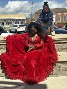 red sequin and feather prom dress 2023