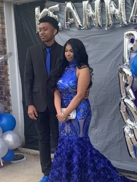 sheer royal blue prom dress 2023