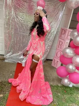 pink sequin long sleeve split prom dress